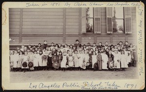 A cabinet card photograph of students and faculty at Boyle Heights School, 1891