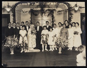 A group portrait at a wedding ceremony of a Japanese American couple, Los Angeles, circa 1910