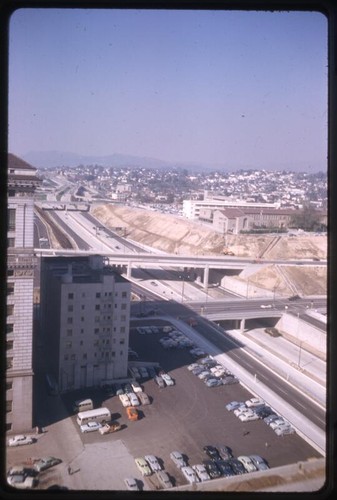 North and south lanes and overpasses of the Hollywood Freeway, looking northeast of downtown Los Angeles