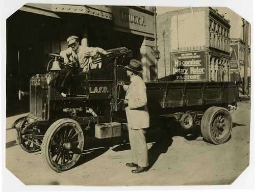 Truck A, fire fighter with dog, Los Angeles