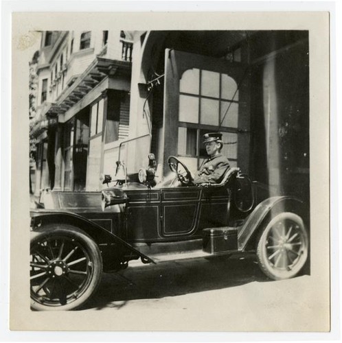 Fire fighter in fire car, Los Angeles