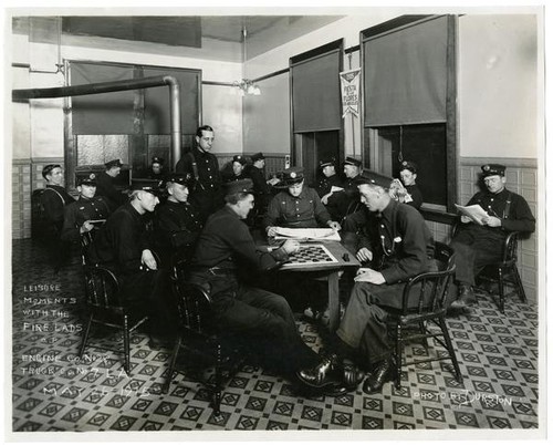 Fire fighters of Engine Co. No. 28, Truck Co. No. 7 in leisure moment, Los Angeles