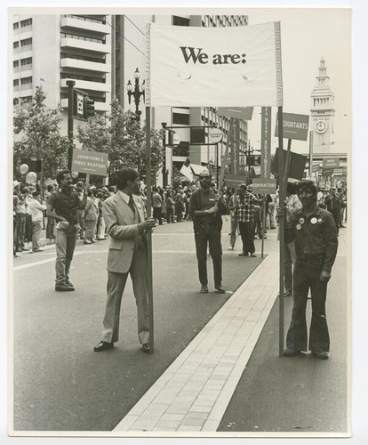 Golden Gate Business Association contingent, Market St. at California and Drumm Sts., Ferry Bldg