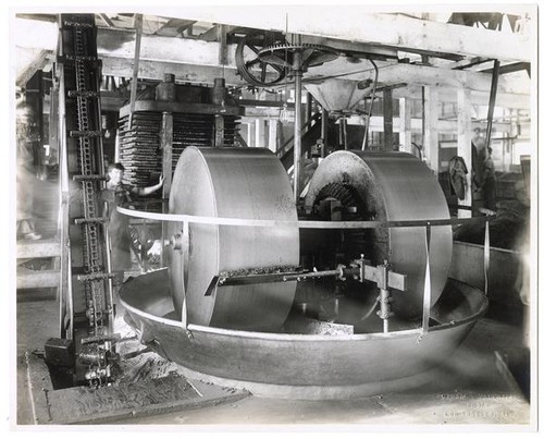 Oil mill, showing full wheel for crushing olives, California