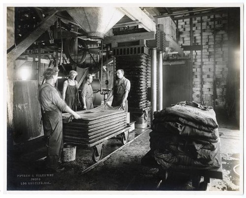 Workers handling a truck load of olive pulp coming from the press, California