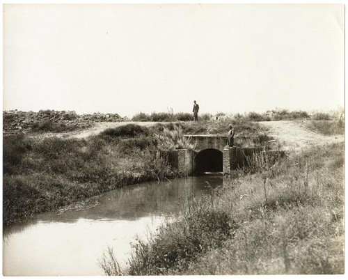 Men standing at the headgate on an irrigation ditch in San Joaquin County, California