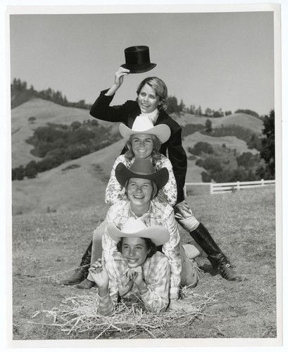 Portrait of Horse Show Queen Madeleine 'Bo' Cuppage, Miss Grand National Sandra Jean Lewis, Livestock Queen Thea Jensen, and Rodeo Queen Larryann Long, 1964