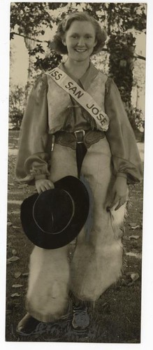 Horsewoman Audrey Sheller representing San Jose at the Gilroy Rodeo, Santa Clara County