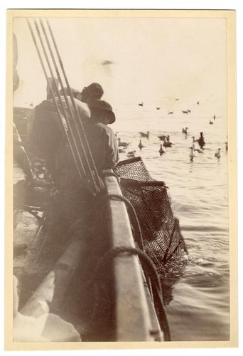 Fisherman hauling nets on the open water