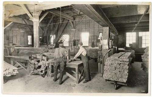 Men at work inside mill, California