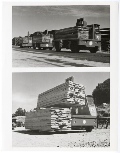 Views of sideloading lift rucks in the Pickering Lumber Company facility