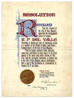 Resolution. Resolved that the Council of the City of Los Angeles appreciates the distinguished service of Senator R. F. del Valle