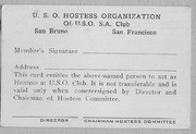 San Bruno USO, Hostess Membership Card, ca. 1942-1946