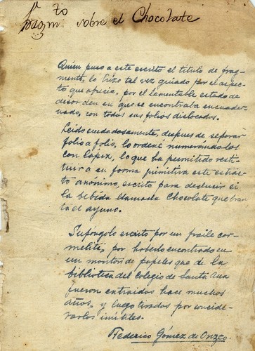 Acerca del chocolate : holograph manuscript