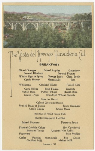 [Menus from the Vista del Arroyo Hotel]