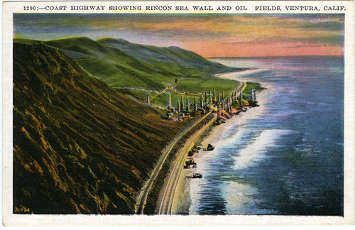 Coast Highway Showing Rincon Sea Wall and Oil Fields