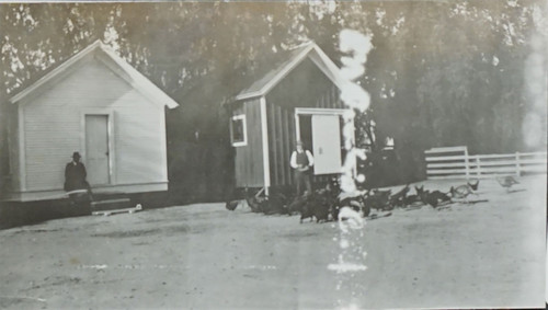 Two Barns with Two Men and Poultry in Front