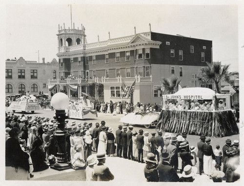 Parade along C Street, Floats for Santa Paula Chamber of Commerce, BPOE, and St. John's Hospital