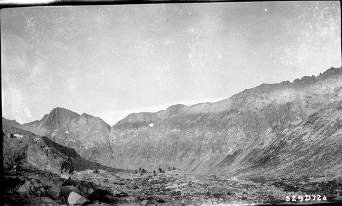 High Sierra Trail Investigation, looking west to Triple Divide pass. (Misc. Gaps and Passes) Left panel of a two panel panorama