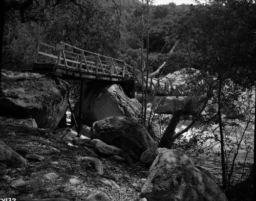 Buildings and Utilities, Flume. Suspension bridge over river. Cross file to Bridges