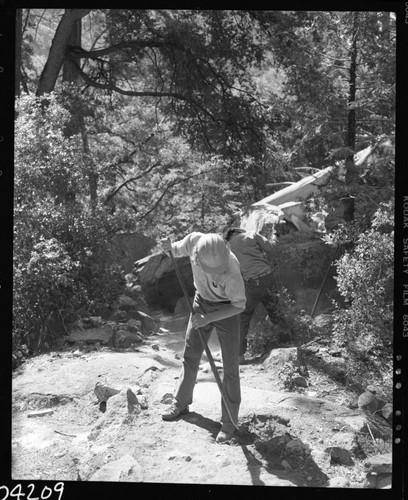 Construction, California Conservation Corps members working on Mist Falls Trail. Individual unidentified