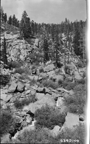 High Sierra Trail Investigation, Trail Routes, Wright Creek crossing where it would be necessary to keep trail away from tumbling waters