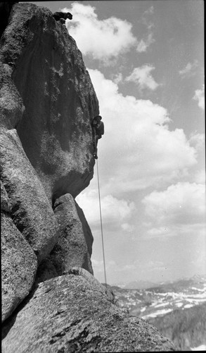 Norman Clyde roping down east side of Alta Peak