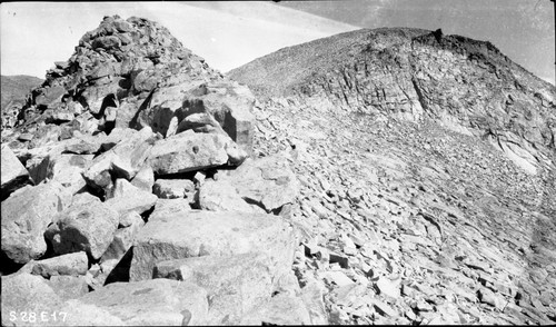 High Sierra Trail Investigation, looking north from pass east of Moose Lake. Talus slopes