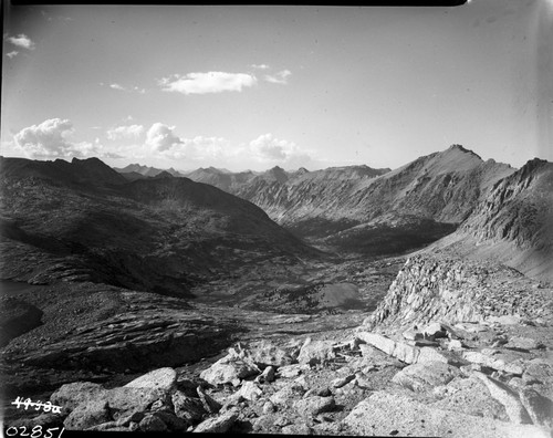 View just below Junction Pass overlooking Muir Trail. Glaciated Canyons, Misc. Peaks - University Peak