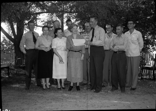 NPS Groups, Dedications and Ceremonies, Presentation of Meritorious Service Award to Miss Francis L. Downs by G.A. Walker. Remarks: Others present L to R: Carlock Johnson, Fern Gray, Robert Rose, Irm