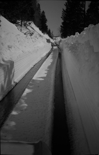 Robert Zink, Generals Highway between the Wye and Kings Canyon Overlook, Record Heavy Snow, One lane cleared near Big Baldy. 630322