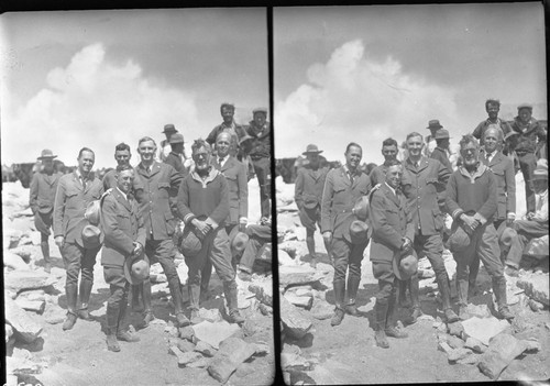 Mt. Whitney, SNP. Dedications and Ceremonies, NPS groups, Horace Albright, White Albright, Diehl and Banks. L to R: Horace Albright, Jack Diehl (front) ?, Inyo National Forest Supervisor, Col. John R. White, Foreman Banks, Kittridge