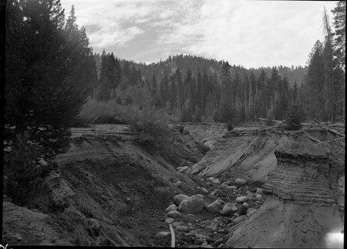 Meadow studies, upstream from bank at lower end of meadow. Note soil layers. This meadow was glacial till and eroded easily when sod was weakened and broken