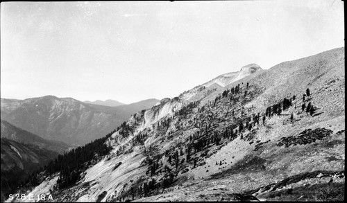 High Sierra Trail Investigation, west from trail at 10,000' elevation. Subalpine Forest, Left panel of a two panel panorama