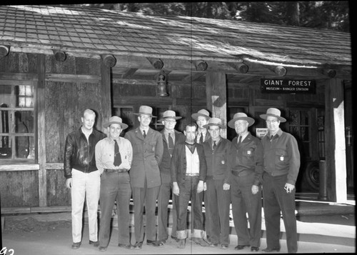 NPS Groups, Most of the 1952 Naturalist staff. L to R: Fay James, Jack Von Bloeker, Franklin Potter, Floyd Brown, Charles Fay, Hamilton Allan Smith, Neil Fahy, Basil Jamison, Wayne Alcorn (Park Natur