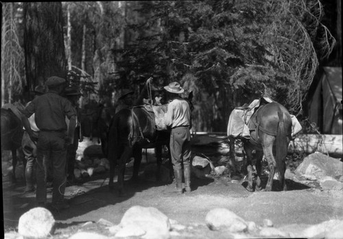 Ranger Activities, packing for fish planting trip, Misc. Resource Management Concerns, stock use, Clarence Fry tieing rope, center photo