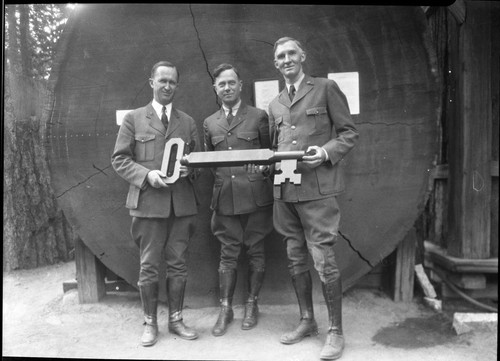 Dedications and Ceremonies, Key to the Park Ceremony. L to R: Horace Albright, Ford Spigelmyre, J.R. White