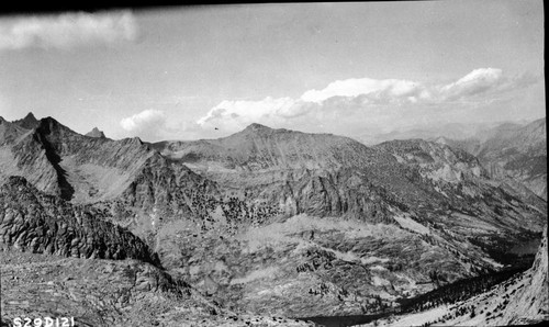 Trail routes, East Creek Canyon, as it appears from pass just north of Mt. Genevra, looking outside of Park. Not Recommended. Glaciated Canyons, Misc. Canyons