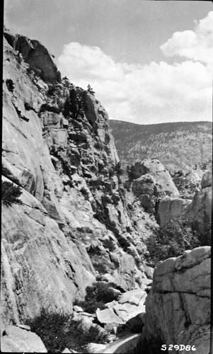 High Sierra Trail Investigation, looking east towards the chute and showing the slope of the mountain side. Exfoliation/Weathing