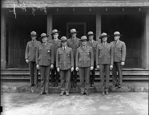 NPS Groups, Permanent Ranger Force, L to R: Front Row: Jack Sinclair, Ford Spiglemyre, Irvin Kerr, Sam Clark, Back Row: George Brooks, Dean Schlobohm, Bill Augustine, Ben Packard, Guy Hopping?