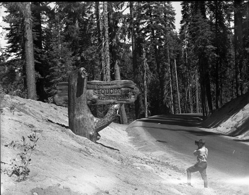 Signs, Generals Highway, National Forest entrance sign. Individuals unidentified