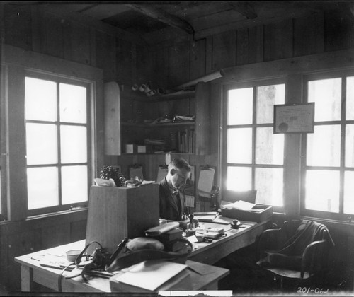 Col. White in office at Giant Forest. Park Superindents. [8x10 print]