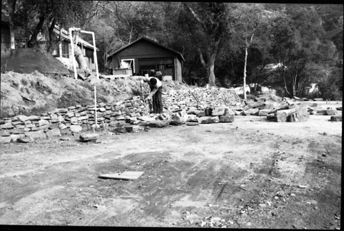 Construction, NPS Individuals. Volunteer Tim McLaughlin Building Stone wall on the site of new Ash Mountain Nursury