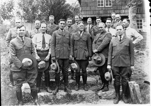 NPS Groups, Ranger Staff Sequoia and General Grant. L to R: Ben Packard, Ford Spigelmyre, Frank Dorr, Merrill Hinds, Tommy Williams, Chief Ranger Cook, George Brooks, Sam Clark, Charles Lee, Jimmy Ro