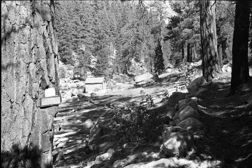 Backcountry Cabins and Structures, Kern Hot Springs, bath house showing new shakes, puncheon walk, rail fence