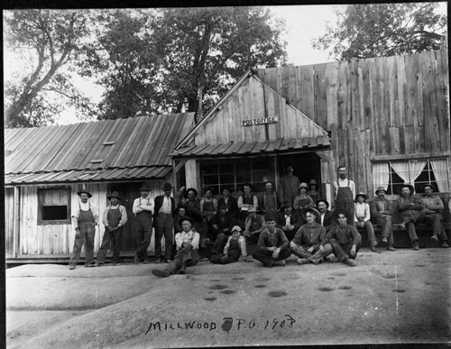 Logging, Early scenes at Millwood, early 1900's. Misc. Groups at Post Office. Note: Indian Bedrock Mortors in foreground