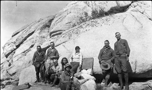 Kaweah Gap, SNP. Dedications and Ceremonies, Plaques, Col. White, George Stewart Plaque dedications, Col. White with daughter Phyllis. L to R: Jim Livingston, ?, ?, ?, Mrs. White (seated, hat), Phylli