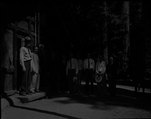 Dedications and Ceremonies, Last connection to turn electric power on at Giant Forest. NPS Groups, Park Superintendents. L. to R. ?, Asst. Supt. George Walker, ?, Supt. Thomas Allen, Mr. Powers (Conc