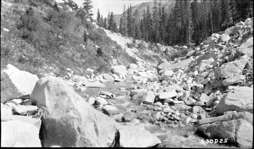 High Sierra Trail Investigation, proposed bridge site across Kern River. Glacial Moraines. View upstream