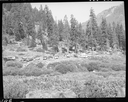 Vehicular use, Mineral King Valley, visitor use. Upper parking area at Mineral King. About 60 cars in it